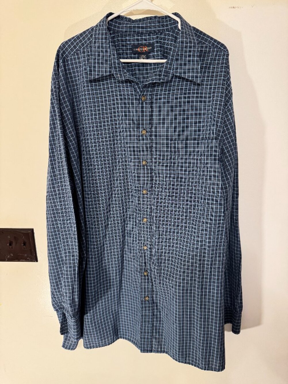 Canyon Ridge men's long sleeve dress shirt 3XLT blue and white plaid no iron.